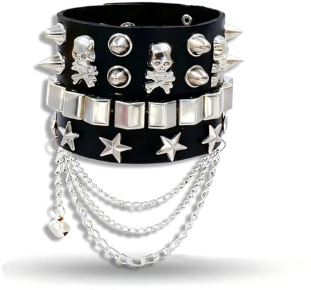 HUSHRICH 2Pcs Studded Bracelet Set, PU Leather Punk Rock Skull Bracelet for Men, Adjustable Rivet Cuff Spike Bracelets, Rock Jewelry Emo Accessories