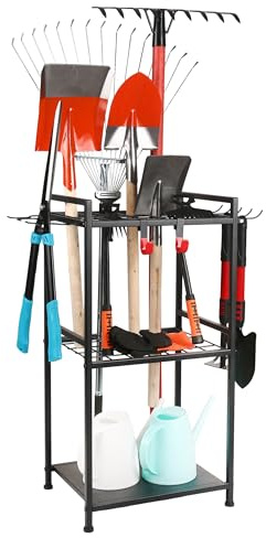 MHHO-WG Rack de Jardin Haute Résistance, Organisateur Autoportant en Acier | Rack de Rangement pour Outils Longs, Range Balais, Pelles & Râteaux, Finition Noire Élégante, Idéal pour Garage & Extérieur