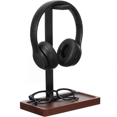 Fiwochic Walnut Wood Headset Holder, Desktop Headphone Stand, Universal Headphone Holder with Storage Base for Gaming, Music Headsets(Dark Brown)