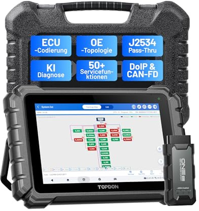 TOPDON ONE 10,1 bidirektionaler OBD2 Diagnosegerät, J2534 Pass-Thru, ECU-Codierung&über 50 Servicefunktionen, Alle Systemdiagnosen mit TopFix KI, OE-Topologie, FCA/Renault/VAG SFD SGW-Zugriff, CAN-FD