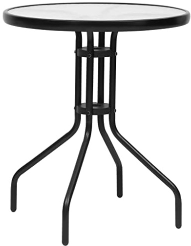 PHGTYUK Black Steel Round Garden Dining Table 23.6 Inch Diameter Portable for Patio Balcony Indoor Outdoor Use with Tempered Glass Top Heat Resistant Surface