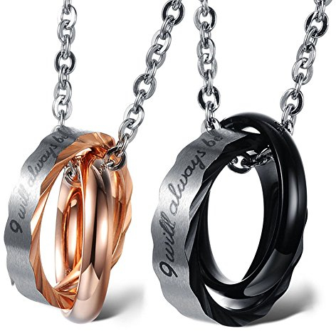 Cupimatch Freundschaftskette Partnerkette Doppelte Ringe: Pärchen Kette Paar Edelstahl Anhänger Halskette mit Gravur I WILL ALWAYS BE WITH YOU Schmuck für Männer Frauen