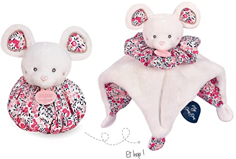 Doudou et Compagnie - Balle d'Éveil et Doudou Cocon - 25 cm - Collection Souris Boule 3 en 1 Les Petits Futés - Blanc et Fleurs - Idée Cadeau Naissance Filles Garçons - Peluche Enfant - DC3932
