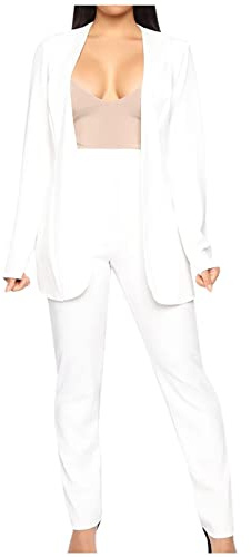 Womens 2 Piece Outfit Suit Casual Plain Trouser Suit Long Sleeve Open Front Blazer Jacket Solid Work Business Office Wedding Guests Casual Smart Suit Set Ladies UK Size 8-16 White
