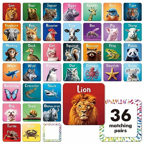 72 PCS Jeu de mémoire, Jeu de Correspondance avec des Cartes d'animaux réels pour Les Tout-Petits, 36 Paires de Cartes de mémoire pour Les Enfants d'âge préscolaire de 4, 5 et 6 Ans