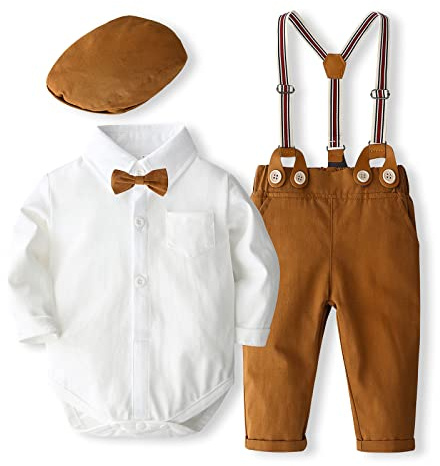 Geagodelia Ensemble Gentleman Bébé Garçon de 3 Pièces, Body Chemise à Manches Longues avec Noeud + Pantalon à Bretelle + Chapeau (Brun, 12-18 mois)