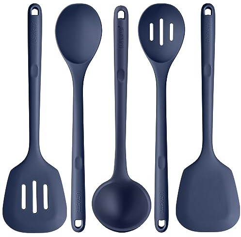 U-Taste Ustensiles de cuisine en silicone extra longs: spatules de cuisson résistantes à la chaleur de 315 ℃, cuillères de service pour mélanger friture remuer l'égouttage (5 pièces, Bleu Nuit)
