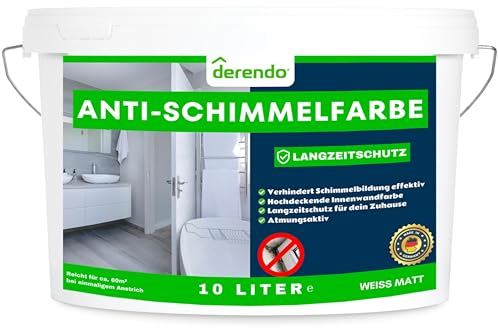 derendo Anti Schimmelfarbe 2.0 für feuchte Räume Badezimmer Schlafzimmer Wandfarbe innen weiß mit sehr hohe Deckkraft Langzeitschutz Schimmelschutz (10 Liter)
