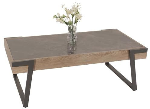 Mendler Couchtisch HWC-L89, Sofatisch Wohnzimmertisch, Eisen 43x120x64cm Sinterstein Marmor-Optik grau Holz grau-braun