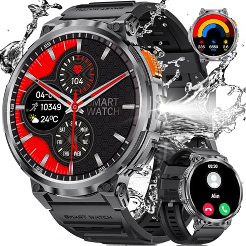 LIGE Smartwatch Herren, 1.85 IPS Touchscreen Gepaart mit Taschenlampe, IP68 wasserdichte Smart Watch Herren Militär, Smartwatch mit 120+Sport Modus, 24/7 Schlaf-/Herzfrequenzmessung, Android iOS