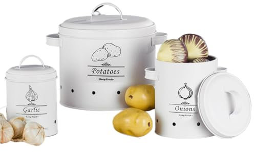 Kitchen Vegetable Storage, Potato Onion Canisters, Vintage Storage Pots, White Kitchen Jars, Vegetable Storage Tins, Onion Potato Jars, Kitchen Storage Canisters, Vintage Vegetable Pots, Kitchen Veget