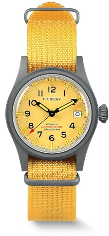 BODERRY Herren 38 mm Titan Uhr Automatik Militär Tag/Datum Funktion 100M Wasserdicht Nylonband Japanisches NH35 Uhrwerk Verschraubte Krone - LANDMASTER, gelb, Armband