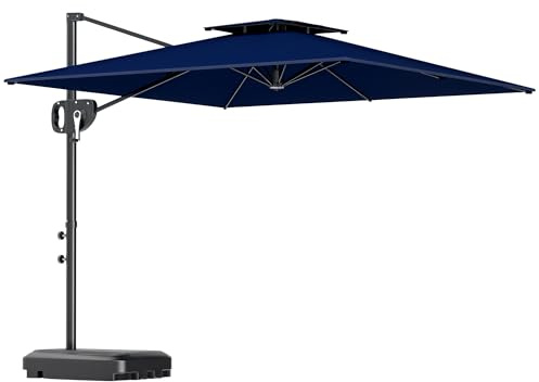 Outsunny 2.5m Garden Cantilever Parasol with Fillable Base, Up to 40kg, Double Top Garden Parasol, Square Overhanging Patio Umbrella with Crank Handle and Tilt for Outdoor Sun Shade, Blue