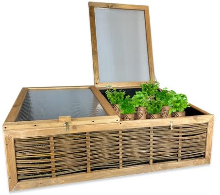 GARTENETAGE Frühbeet mit Weidengeflecht – Witterungsbeständiges Mini-Gewächshaus 120x80x35/45 cm mit schützender Abdeckung für Kräuter- und Gemüseanbau