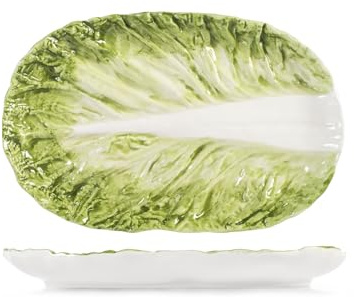 H&H Piatto Verza in Stoneware Decorato – Piatto Rettangolare in Ceramica – Design Foglia di Verza Elegante – 27x18x3h cm – Originale e Raffinato