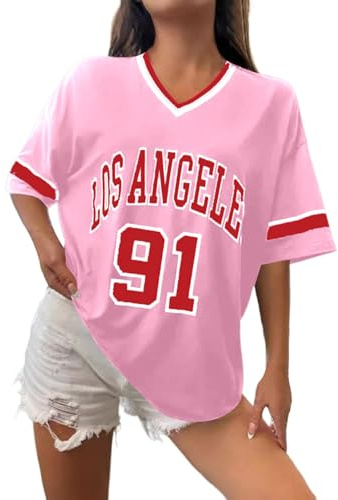Los Angeles T-shirt de baseball surdimensionné Y2k pour femme - Avec bordure graphique à rayures - Chemise de loisirs - Col en V - Streetwear - Rayé - Graphique - T-shirt décontracté - T-shirt d'été
