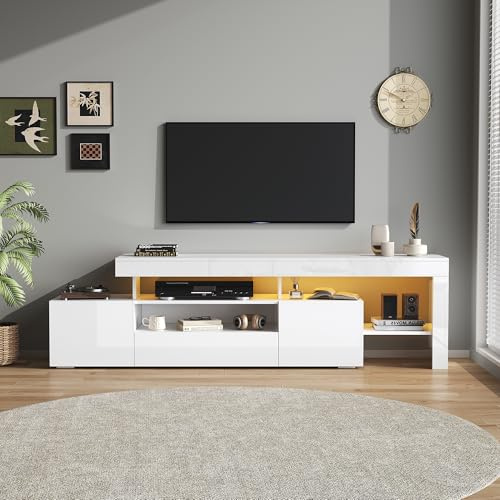 FammyLoft Armario de TV de alto brillo de 192 cm con 3 armarios, mueble bajo para TV de 85 pulgadas, armario con luz LED para salón, tablero de TV, armario de TV, color blanco