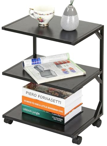 Thrink Modern 3 Tier Rolling Side Table | Mobile End Table with Wheels & Multi-Layer Storage Shelves | Perfect for Living Room, Bedroom, Office, Books, Plants & Decorations (Black)