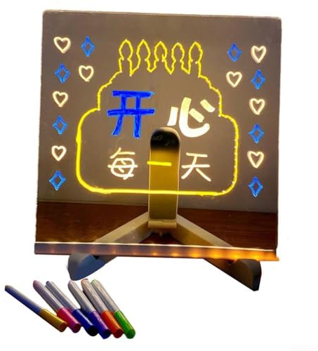 Gettimore Pizarra de escritura acrílica portátil con soporte, pizarra luminosa borrable para dibujar y escribir, incluye 7 bolígrafos de colores