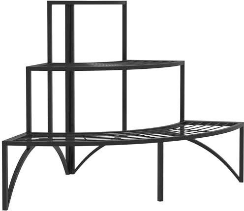VSOGA 3-nivåer växtstativ, blomstativ för inomhus utomhus, växthylla av metall, blomhylla, 60 cm hög blomtrappa för vardagsrum, trädgård balkong dekoration, svart