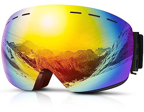 Skibrille Herren Damen, Ski Brille 100% UV-Schutz Anti-Fog Helmkompatibel Rahmenlose Skibrille Für Brillenträger OTG Ski Goggles Snowboard Brille (Orange)