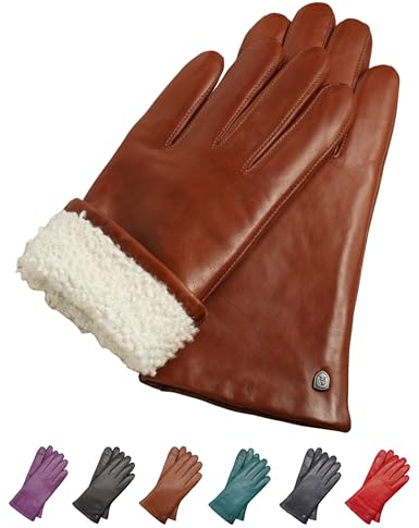 AKAROA ESTD 2019 Lederhandschuhe Damen MIA, Touchscreen Funktion, italienisches Leder, Futter aus original Neuseeland Lammfell, 4 Größen S - XL, cognac, XL - 8,5