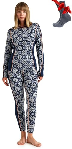 100% Merino Wool Base Layer Womens Set - Thermal Underwear Womens + Socks (X-Large, 250 Snowflake Navy)