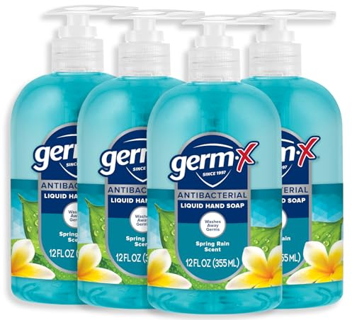 Germ-X Antibacterial Hand Soap, 12 Oz (Pack 4), Moisturizing Liquid Hand Wash for Kitchen or Bathroom, pH Balanced & Dermatologist Tested, Spring Rain Scent, Pump Bottle