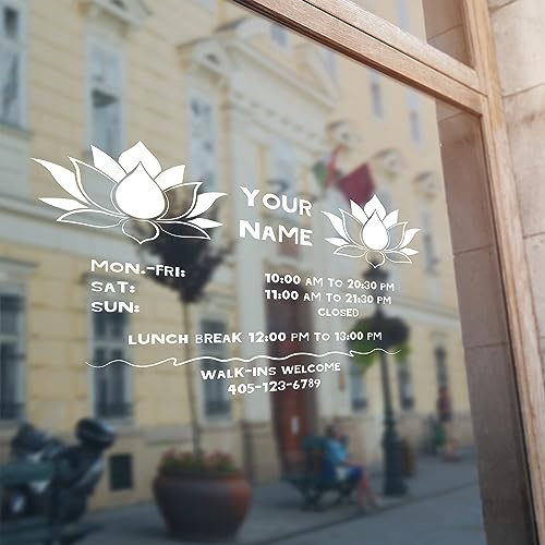Custom Name Business Signs with Beautiful Lotus Flowers and Opening Times - Custom Signs for Business Yoga Studio with Lotus Flowers - Front Door Yoga Open Decal