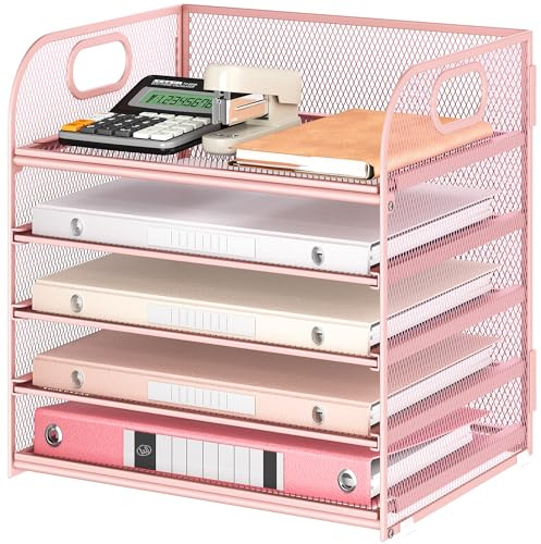 5 Tray Paper Organizer Letter Tray with Handle - Mesh Desk File Organizer, Paper Sorter Organizer for Office, Home or School File Folder Holder - Pink
