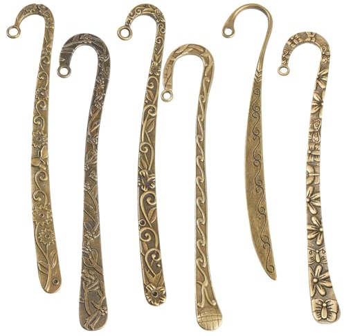 SUNNYCLUE 12Pcs Hook Bookmarks Bulk Tibetan Style Antique Bronze Bookmark Hooks Blanks Flower Carved Hairpin Stripe Metal Book Marks Double Sided Vintage Bookmarks with Loop for Beading Crafting