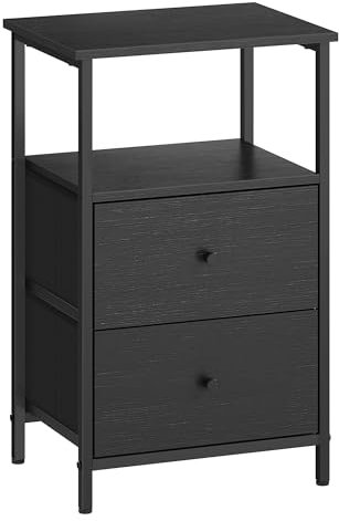 VASAGLE Mesita de Noche, Mesa Auxiliar con 2 Cajones de Tela, Mesilla Alta de 61 cm con Estante de Almacenamiento, Salón, Dormitorio, Negro Ceniza, Negro Tinta y Negro Mate LGS025B21