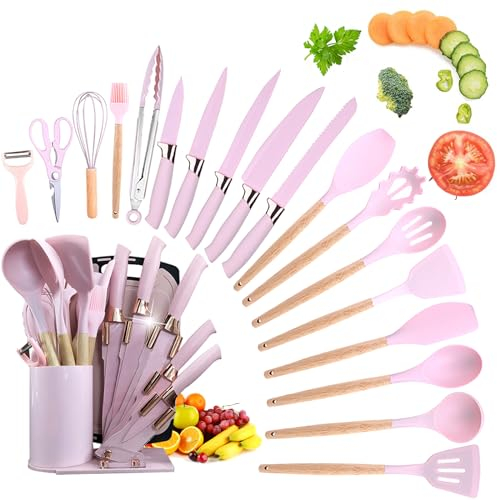 Wekity Set di utensili da cucina, 20 pezzi, spatola, utensili da cucina, in silicone, cucchiaio da cucina, coltello da cucina, pentole resistenti al calore, con porta utensili e gadget con spatola