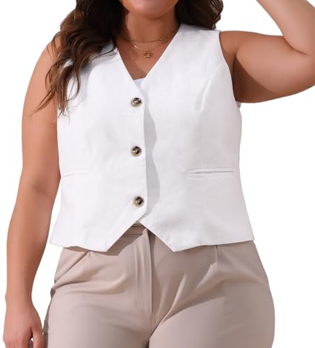 Agnes Orinda Women Plus Size Linen Button Down Sleeveless Vest Blazer Crop