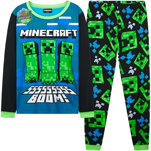 Get Trend Minecraft Pyjama Garçon et Ado, Creeper Ensemble Long Creeper 2 Pièces, Vêtement de Nuit et Détente, Cadeau Gamer (9-10 Ans, Bleu/Vert Minecraft)