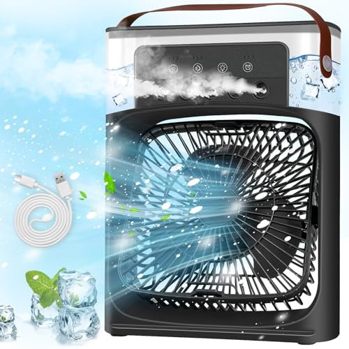 BuzzoXerex Climatiseur Mobile Portable, Mini Refroidisseur D'air, Mini Air Climatiseur Ventilateur, Air Cooler fan con 3 Velocità, Timer, 7 Lumières LED, Modes de Brumisation (Noir)