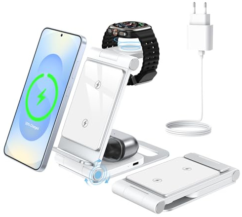 3 in 1 Trådlös Laddare Foldable Wireless Charger for Samsung S26/S25/S24/S23/S22/S21, Z Flip Z Fold 7/6/5/4, for Galaxy Watch Classic/Ultra/8/7/6/5/4/3, for Galaxy Buds Travel Stand | För Galaxy S26 S25 Ultra Plus FE S24 S23 S22 S21-serien, Z Flip/Z Fold/Note Series, Galaxy Watch 8/7/6/5/4, Galaxy Buds