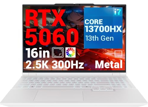 FIREBAT Gaming Laptop, 16'' QHD 300Hz (2560x1600) 2,5K, Core i7-13700HX, RTX 5060, 16GB DDR5 RAM, 1TB PCIe 4.0 SSD, 500nits, Wi-Fi 6E, BT5.3, Metallo,Backlit, Bianco, Per Gamer & Content Creator
