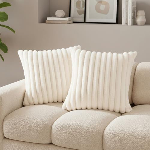 Xqzbmt 2 Pack 45x45 cm Faux Fur Fluffy Cushion Covers, Cream White Plush Striped Decorative Pillowcases for Sofa Bed Living Room Home Decor