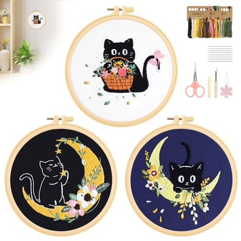Kit de broderie de chat en 3 pièces pour adultes débutants, kits de broderie au point de croix avec motif de chat, cerceau, fil et aiguilles, meilleurs cadeaux artisanaux pour femmes et adolescentes