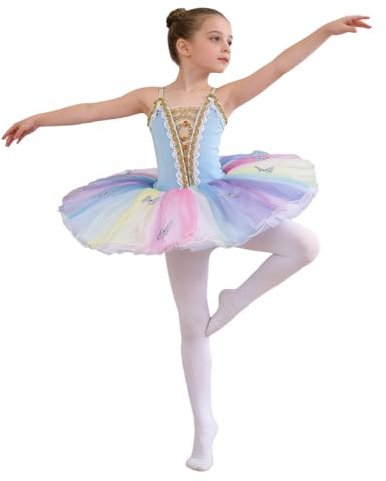 Eandarui Balettklänning flicka tutu prinsessklänning danskläder balettuppträdande klänning danskostym balettdansklänning body med tyllförkläde, Ljusblå, 158-164