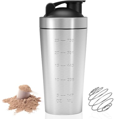 MAILLARD Coctelera de proteínas, botella de proteínas de acero inoxidable, coctelera con bola, a prueba de fugas, con bola de acero y escala de bebidas deportivas, para proteínas, dieta y batidos de