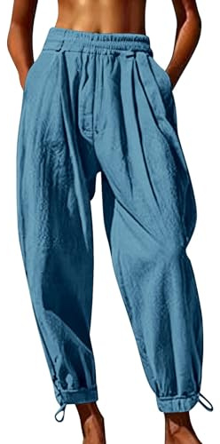 Pantalon Femme Lin Coton Ample Taille élastique sans Cordon, Coupe décontractée Fluide avec Poches, Bas resserré, été Plage Vacances détente Quotidienne