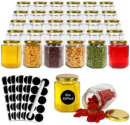 Betrome Lot de 30 Bocaux Hexagonaux en Verre Avec Couvercles Dorés, 180 ml, Pour Miel, Épices, Confitures - Cadeaux de Douche, Mariage, Artisanat - Stylo et Étiquettes Inclus