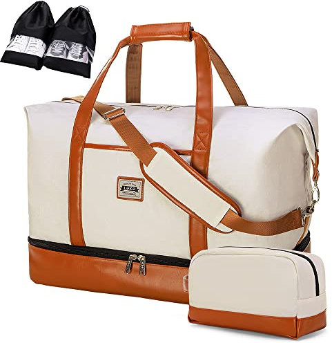 Lekesky Sac fourre-tout de voyage pour femme avec compartiments séparés pour chaussures pour week-end, nuit, gym, sport ou hôpital, beige, 50L, Sac de voyage