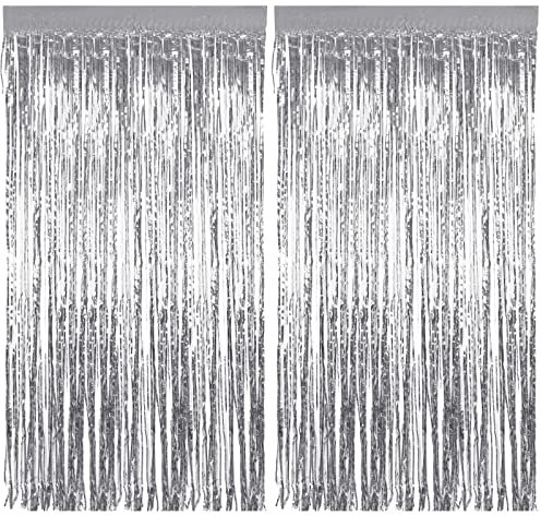 2Pcs 3.3ft x 8.2ft Tinsel Foil Curtains, Silver Metallic Foil Fringe Curtains, Backdrop Curtain Streamers for Baby Shower Birthday Bridal Shower Wedding Holiday Halloween Christmas