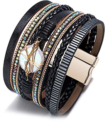 LSxAB Women Multi-Layer Black Leather Wrap Bracelet Stackable Wristband Braided Cuff Bangle Bracelets Handmade Jewellery