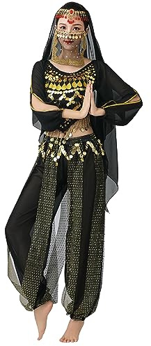 Lauthen.S Women Belly Dance Outfit Coins Top Pants Face Veil Set Halloween Costume (Black, One Size)