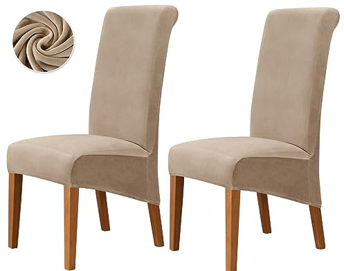 Deisy Dee Stretch XL/Oversized Extra Large Velvet Dining Room Chair Covers for Kitchen Dining，Removable Washable Chair Protectors Slipcovers (Khaki, 2)