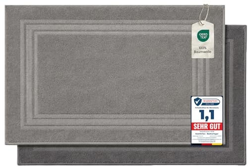 Komfortec - Set di 2 Tappetini da Bagno, Tappetini in Spugna per Doccia, Lavabili, Assorbenti e a Rapida Asciugatura – 600 g/m², 100% Cotone, 50x70 cm, Antracite&Argento